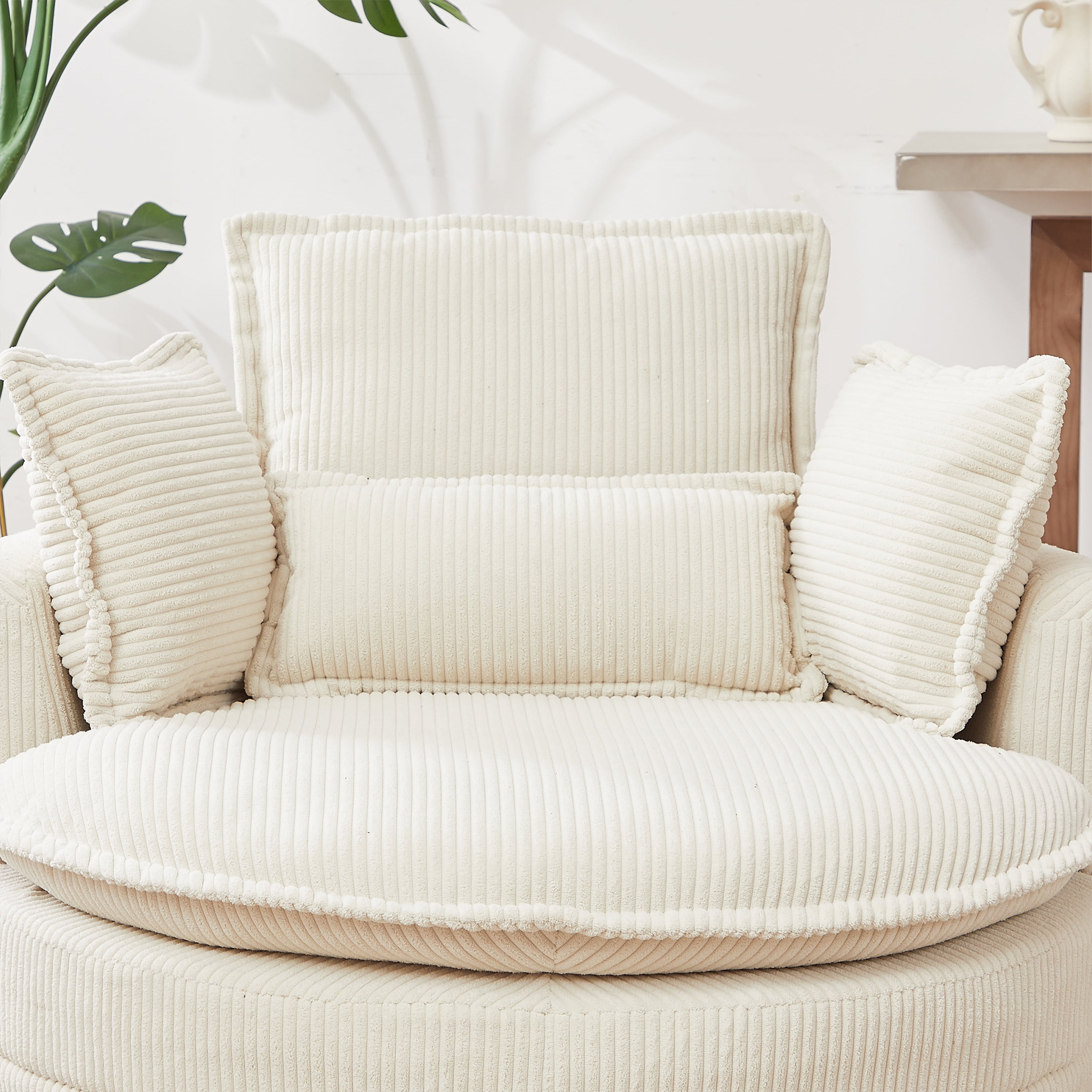 Dinosisco 38"W Oversized Swivel Accent Barrel Chair with Storage Ottoman, Beige Corduroy