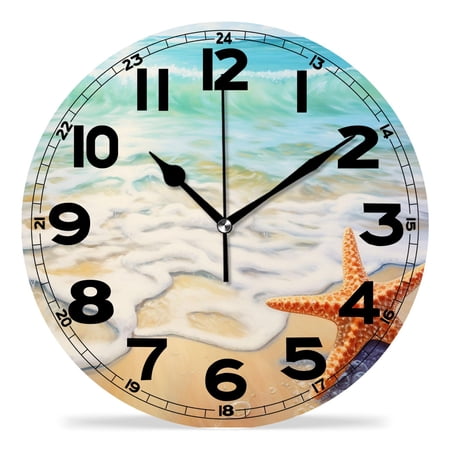 erolrail Rustic Wall Clock,Silent Non Ticking Wall Clocks for Living Room,Bedroom,Kitchen 12IN Sea Beach Starfish Sand Ocean Wave Design