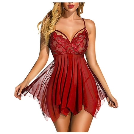 

QWERTYU Sexy Lingerie for Women Chemise Mesh Babydoll Eyelash Strap Nightgown Lace Teddy Red S