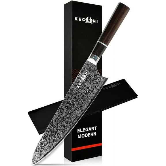 KEGANI 9" Damascus Chef Knife, Japanese 67 Layers VG-10 Damascus Knife, Ebony FullTang Handle Natural Texture Japanese Knife