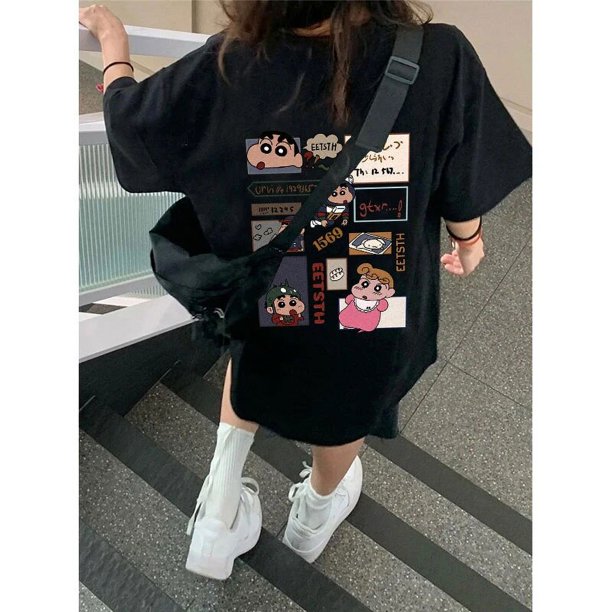 Camiseta de manga corta de Anime Crayon Shin-Chan de algodón puro con dibujos animados negros para mujer, Top holgado de talla grande con cuello redondo a la moda coreana para verano