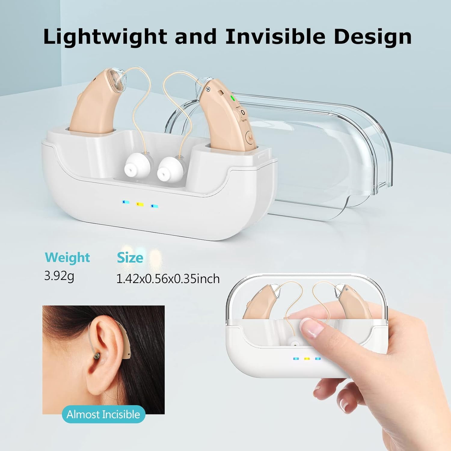 Hearing Aids, Rechargeable Hearing Aid for Seniors Adults with Noise Cancelling, Digital Invisible Hearing Amplifier with Volume Control, Portable Charging Case (white)