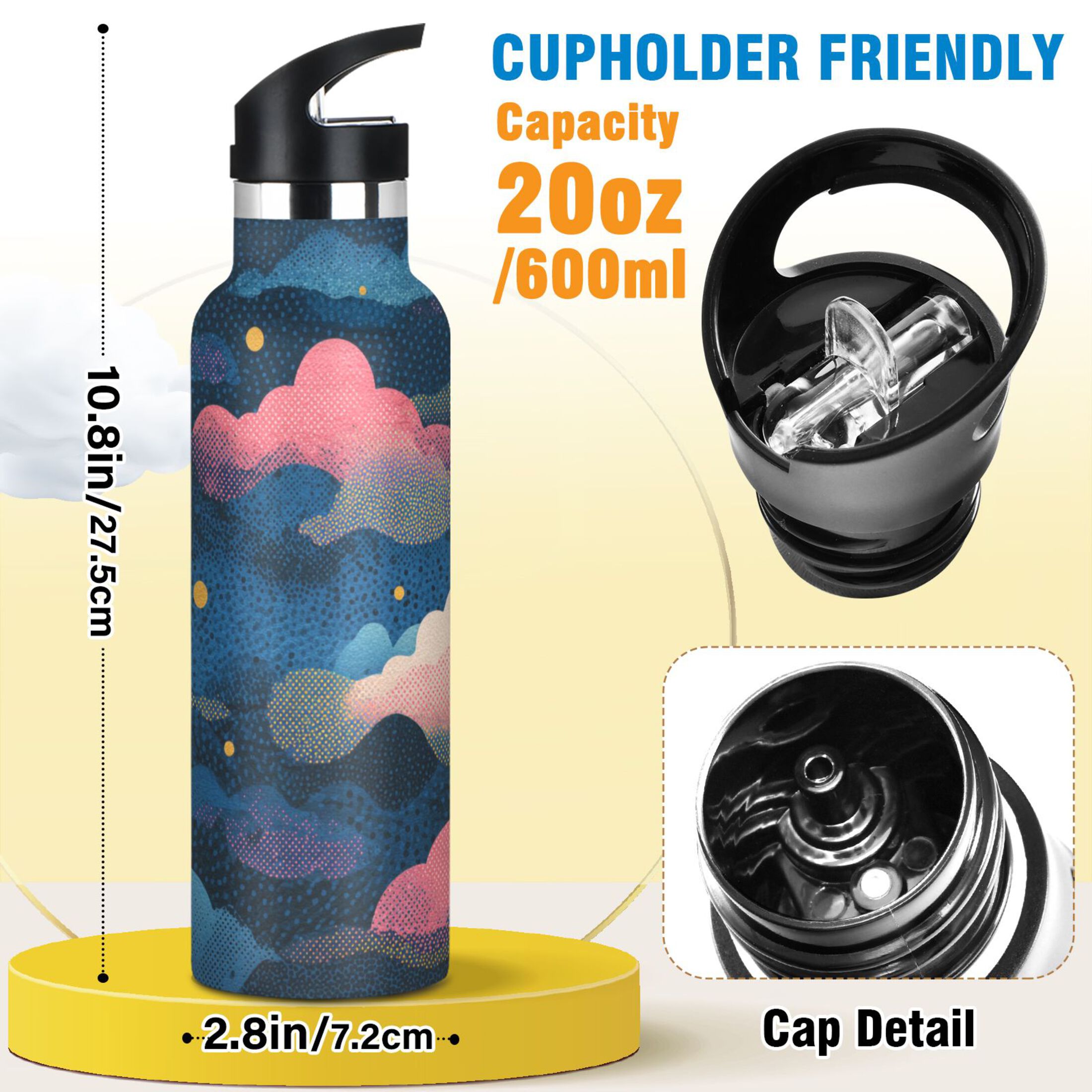 600ML Stainless Steel Insulated Cup Sports Water Bottle Portable Thermos Cup Water Glasses Insulated Tumblers Convenient and Durable Cartoon Color Cloud