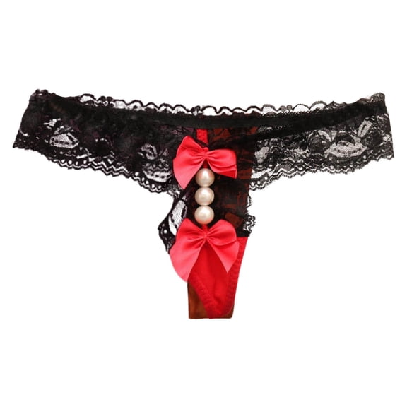 Sexy Lace Thong for Women Playful Bow Tie Design Pearl Sheer Comfortable Underwear Transparent Style
