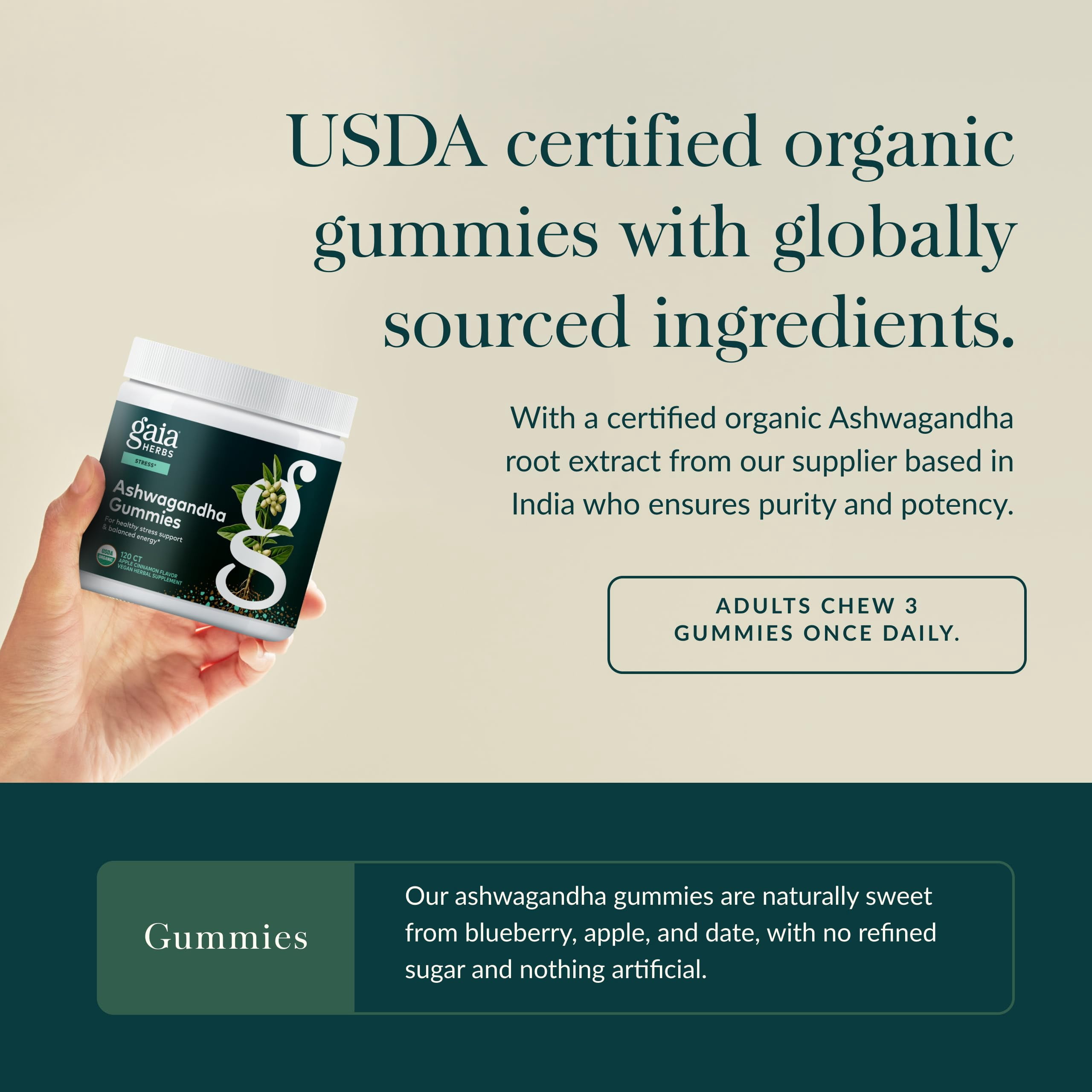 Gaia Herbs Organic Ashwagandha Gummies, Stress Support, Cinnamon, Ginger, Gluten Free, Vegan, 120 Count