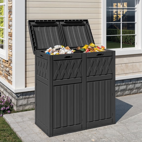 Uforic 62 Gallon Dual Compartment Outdoor Garbage Bin, Waterproof Resin Trash Can with Tiered Lid & Drip Tray for Patio Deck Backyard, Black