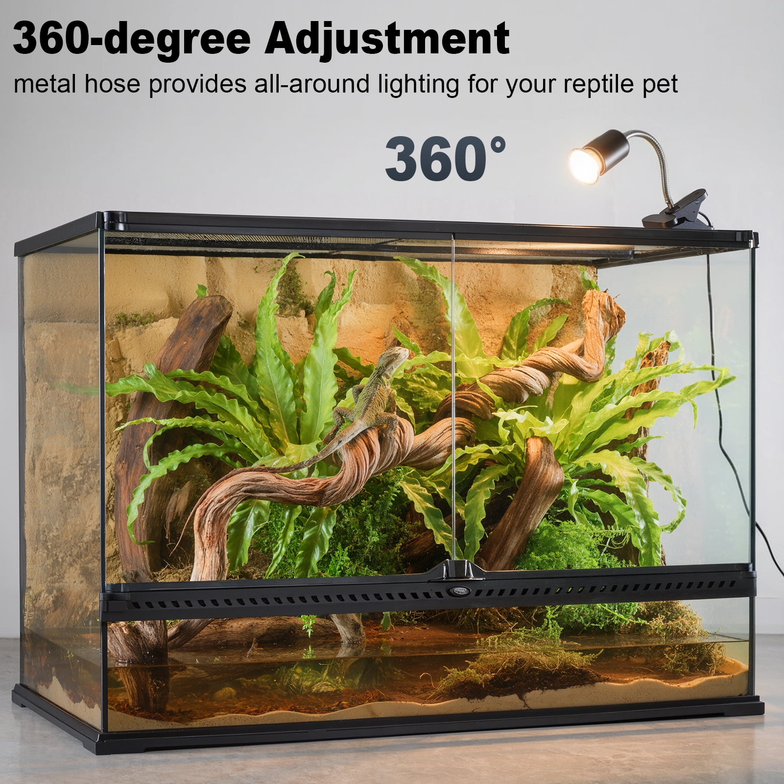 Reptile Heat Lamp with Clamp, UVA UVB Turtle Basking Light, Timer & Dimming, 360° Rotatable for Bearded Dragon/Lizard/Snake/Amphibians, 2 Bulbs 50W