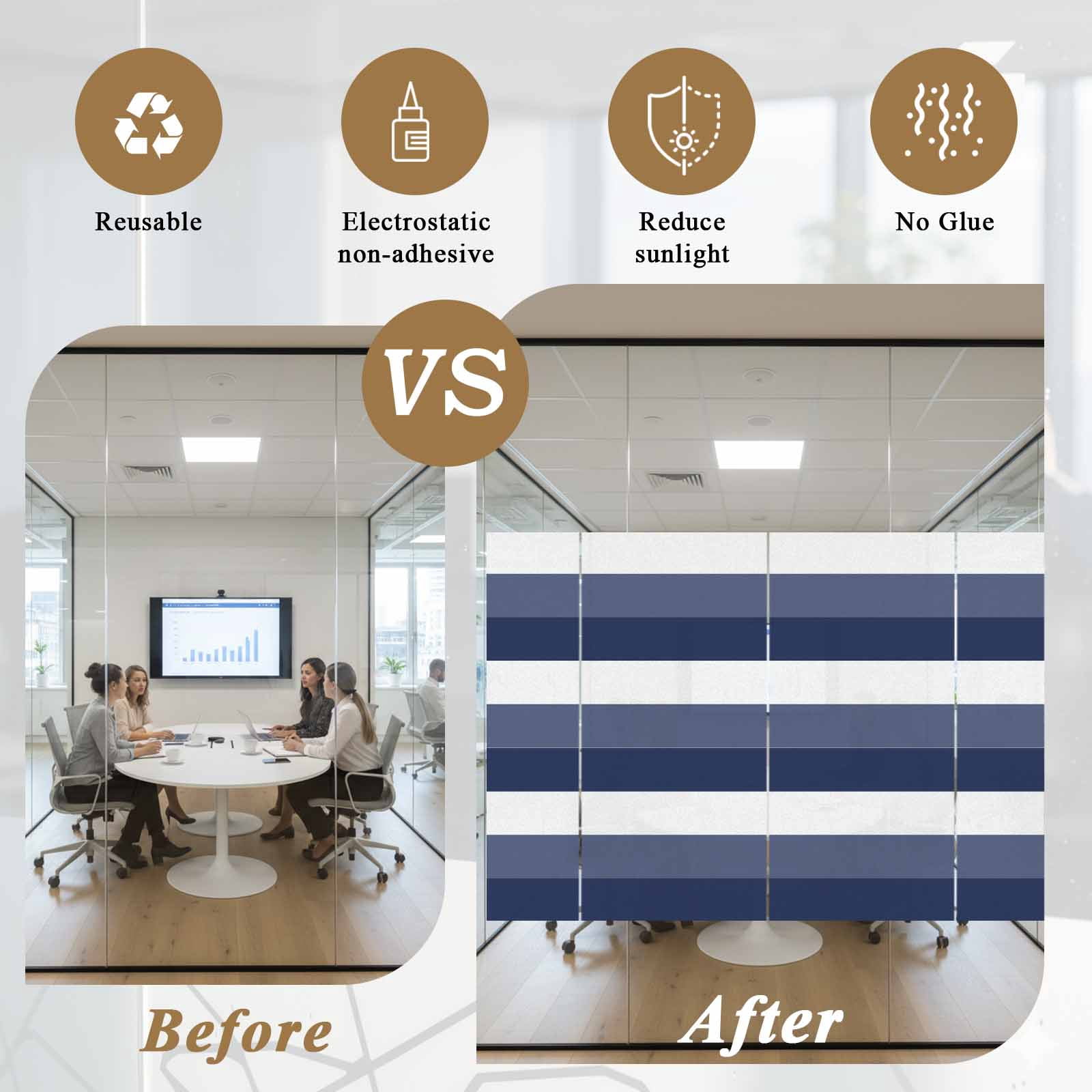 Sun Blocking Glass Window Film, Navy Blue Ombre Stripe Window Privacy Film Frosted, Abstract Art Modern Blue Striped Reusable Windows Privacy Sticker for Home Decor, Nursery, 23.6 x 78.7 Inches