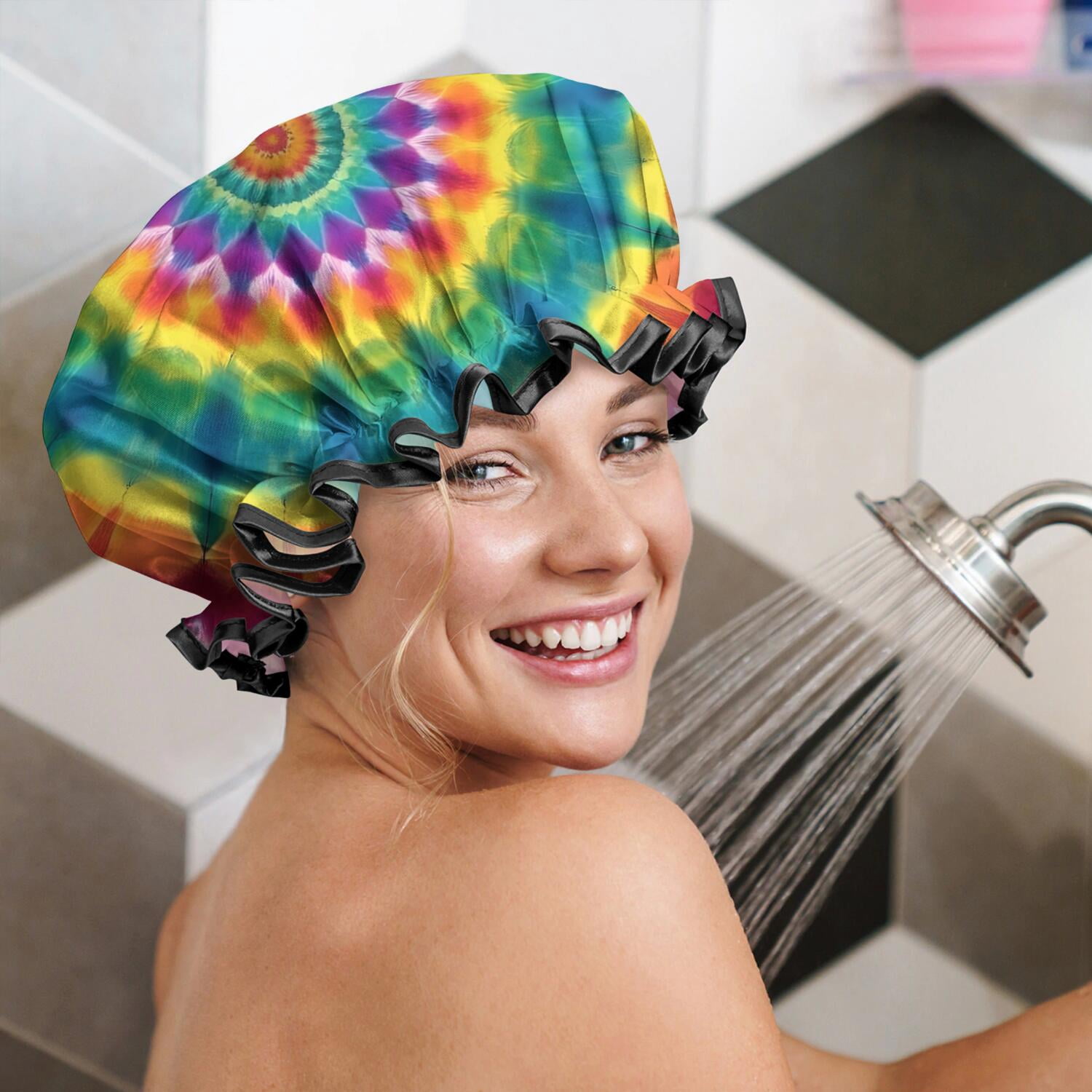Shower Caps,Rainbow Tie Dye Mandala Pattern Waterproof Shower Cap for Women 4 Pieces,Double Reusable Hair Cover for Shower PEVA Elastic Stretch Hem