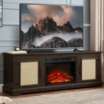 PAPROOS TV Stand With 18" Fireplace up to 65" TV, Rattan Doors TV Console Media Console with Storage Cabinet and Adjustable Shelves for Living Room, Wood Farmhouse Entertainment Center, Cherry