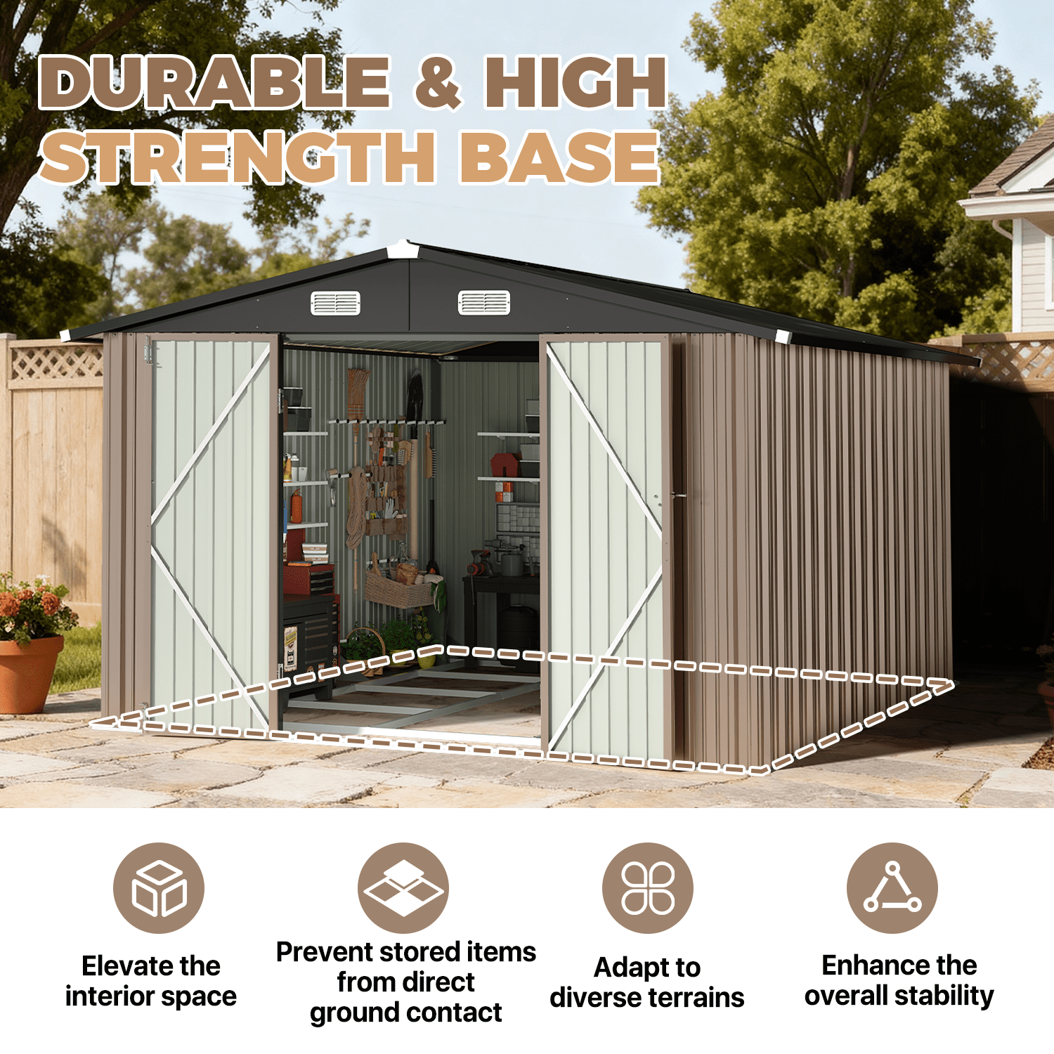 BaPiPro 10x12FT Outdoor Metal Storage Shed with Base Frame Kit & Lockable Doors, Heavy Duty Garden Tool Shed Bicycle Shed, Black