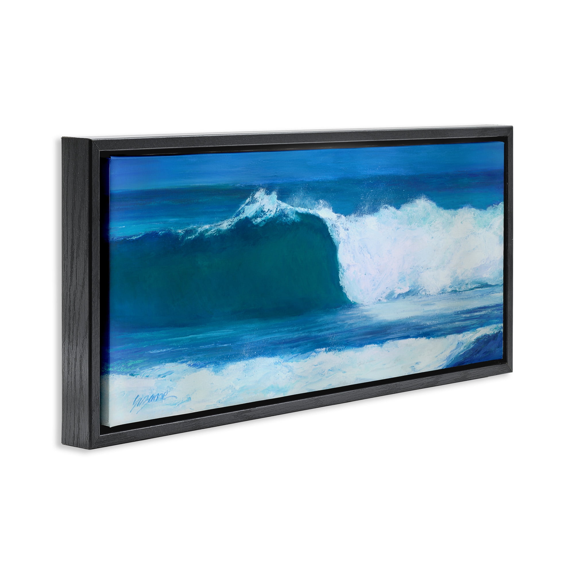 Stupell Industries Crested Beach Wave Nature Painting Black Floater Framed Canvas Art Print Wall Art, 25 x 11