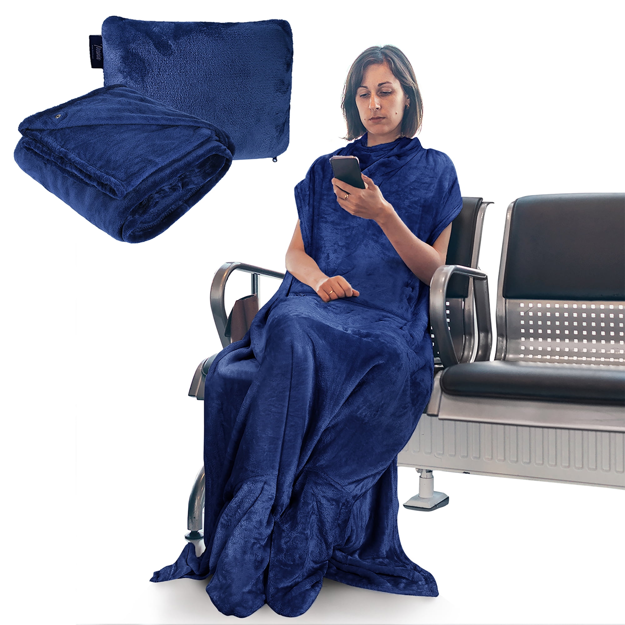 Tirrinia Fleec Wearable Travel Blanket with Foot Pockets for Women & Men | Zippered Front Pocket | Super Soft Lightweight & Cozy Throw Blanket for Adults, One Size Fits All, Dark Blue