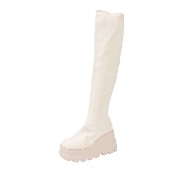 Beige Women'S Casual Winter Boots Fashion Solid Round Toe Thick Bottom Wedge Heel Mesh Elastic Stockings Over-The-Knee Boots Outdoor Indoor Shoes Weight 2.07 Pounds