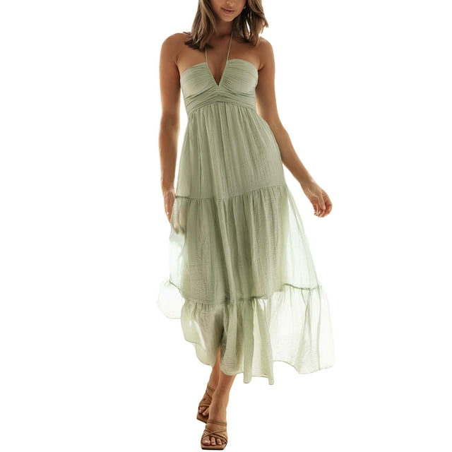 ZAXARRA Robe Longue Ligne A pour Femmes Couleur Unie Col Licou Sans Manches Dos Nu Robe d'Été Décontractée pour Fête à la Plage