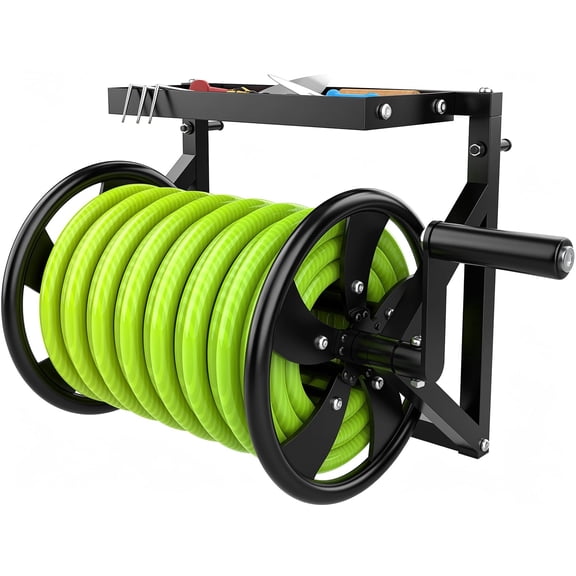 Yacona Garden Hose Reel Wall Mount, Metal Water Hose Reel for Outside, Fits 130-Feet of 5/8-Inch Hose, Black