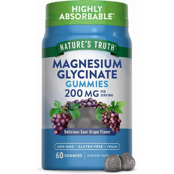 Magnesium Glycinate Gummies for Adults | 200mg | 60 Count | Grape Flavor | by Nature's Truth