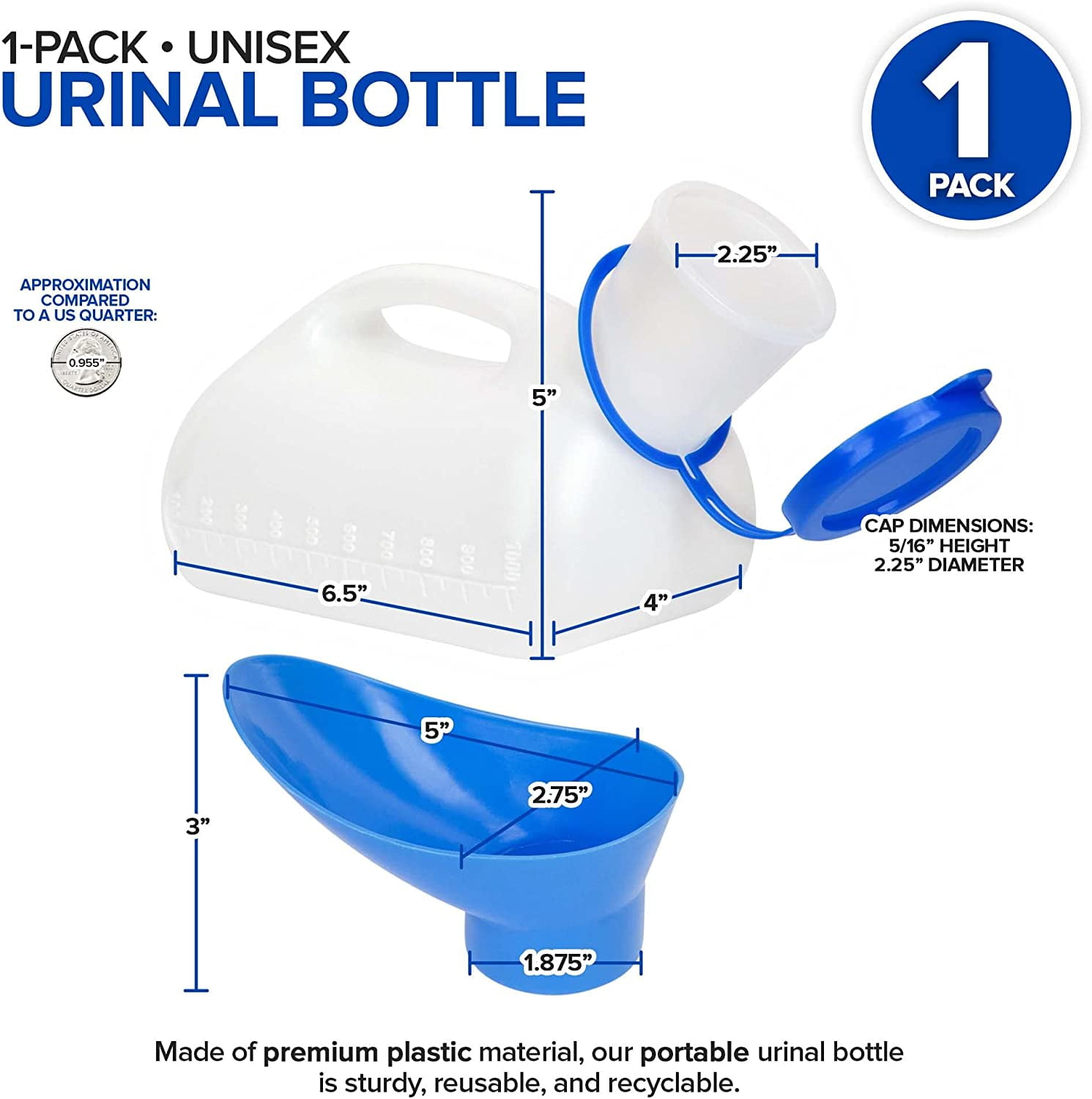 Unisex Urinal Bottle (1 Pack) - Portable Urinal for Women & Men - Female Urinal with Lid - 32 Oz Female Urination Device - Women Pee Funnel Cup for Emergency, Travel, Car & Camping - Stock Your Home