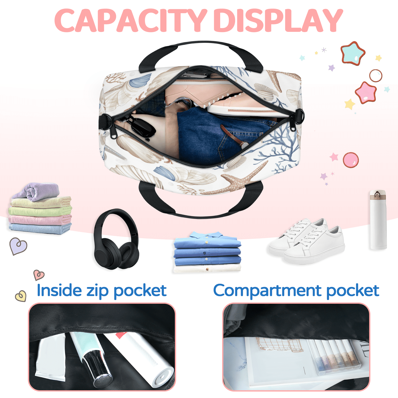 Herdesigns Nautical Coastal Gym Bag for Women, Ocean Beach Seashell Starfish Themed Duffle Bag for Travel Sport, Lightweight Waterproof Carry on Weekender Overnight Dance Yoga Workout Bags