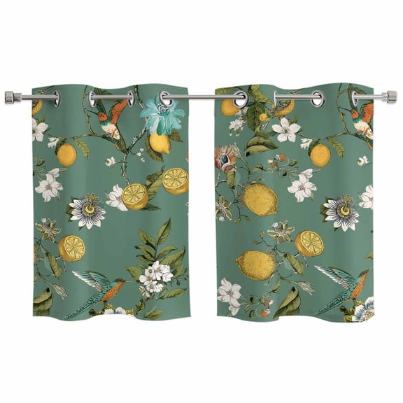 Green Botanical Kitchen Curtains Window Panels, Spring Floral Summer Lemon Birds Insulated Window Treatment Curtain, Grommet Curtains for Bedroom/Living Room/Bathroom, 2 Piece 27.5"Wx39"L