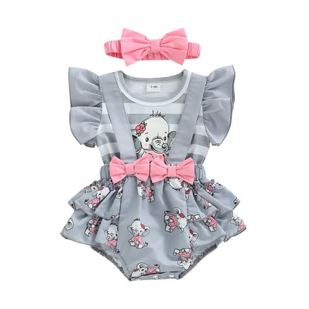

Suanret Infant Baby Girl 2Pcs Outfit Pleated Fly Sleeves Cartoon Print Patchwork Striped Romper Bow Headband Grey 9-12 Months