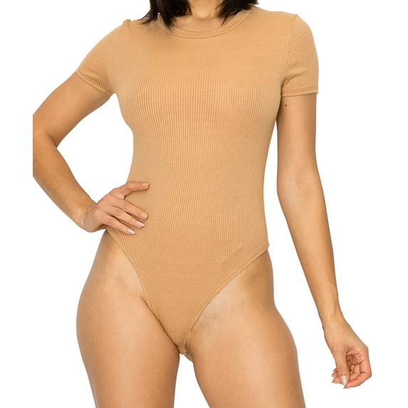 LA12ST Women's Ribbed Knit Round Neck Short Sleeve Slim T Shirts Basic Bodysuits Casual Shaper Jumpsuit