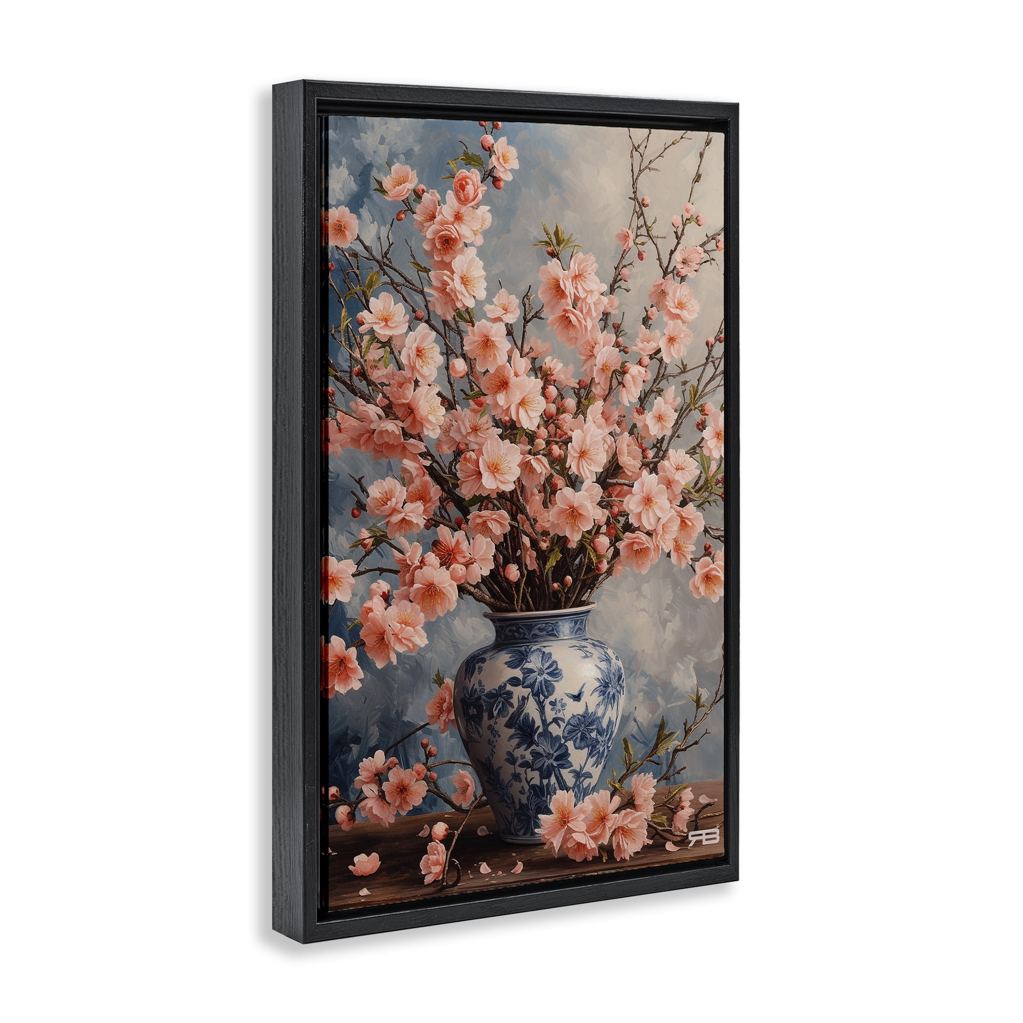 Stupell Industries Detailed Cherry Blossom Vase Botanical & Floral Painting Black Floater Framed Art Print Wall Art, 17 x 25