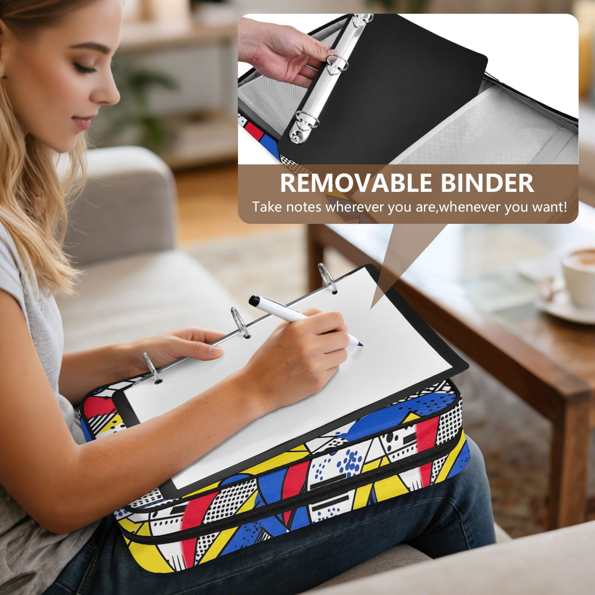 FORMRS Accordion File Folder A4 Size 7-Pocket Expanding Document Organizer Bag with 3 Ring Binder, Yelllow Simple Shapes