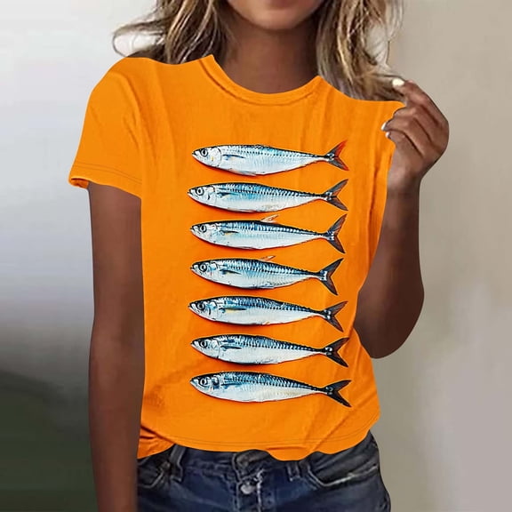 Sokhug Women's Fashion T-Shirts Funny Fish Graphic Crew Neck Tees Summer Casual Lightweight Breathable Athletic Tops