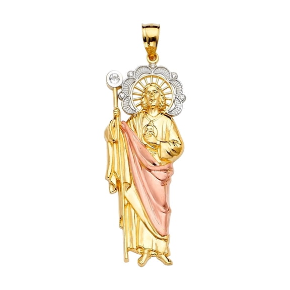 14K 3C Gold San Judas Pendant | Tri Color Gold Charm Pendant for Necklace Chain | Gift for Men Women | 76 x 24 MM | 13.6 grams