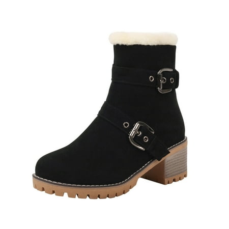

PMUYBHF Ladies Fashion Suede Side Zipper Short Boots Belt Buckle Plush Thick High Heel Cotton Boots 49.98