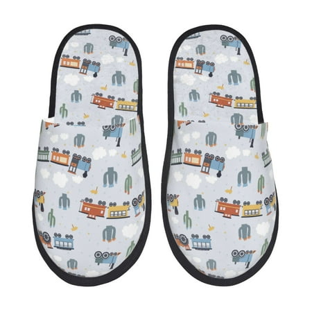 Balery Trains And Cactuse Slient Indoor Furry Fleece Comfort House Shoes Soft Non-Slip Home Shoes Cotton slippers House Slippers-- Medium