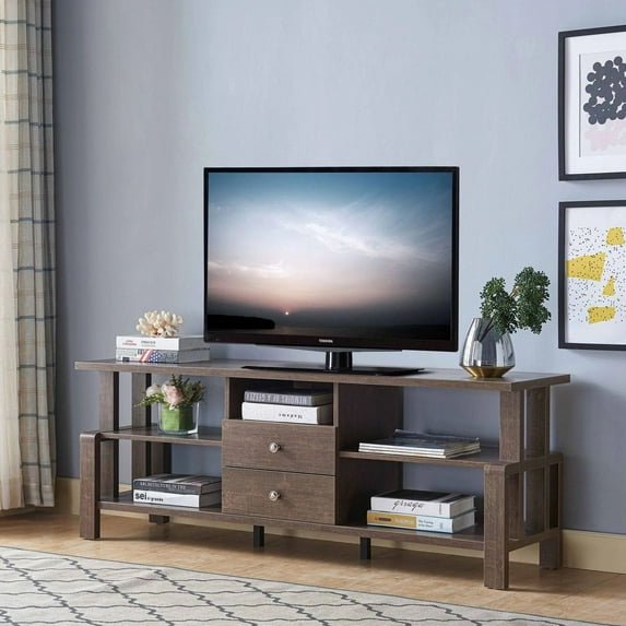 FC Design 60"W TV Stand with 5 Open Shelves and 2 Drawers in Walnut Oak Finish