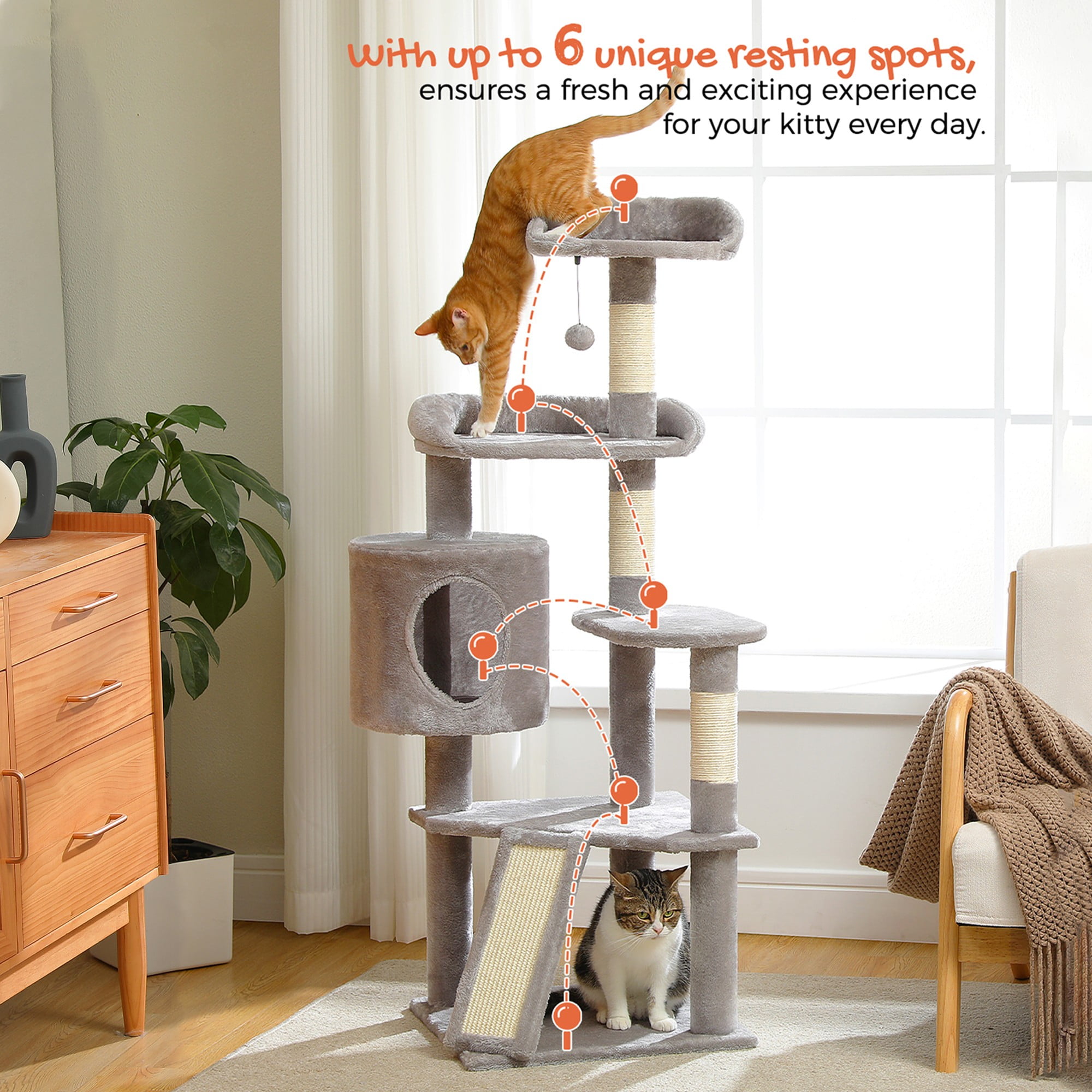 Kadyn 51" Cat Tree Tower for Indoor Cats with Scratching Board, 2 Perches, Multi-Level Cat Condo Furniture for Small and Medium Kittens, Gray