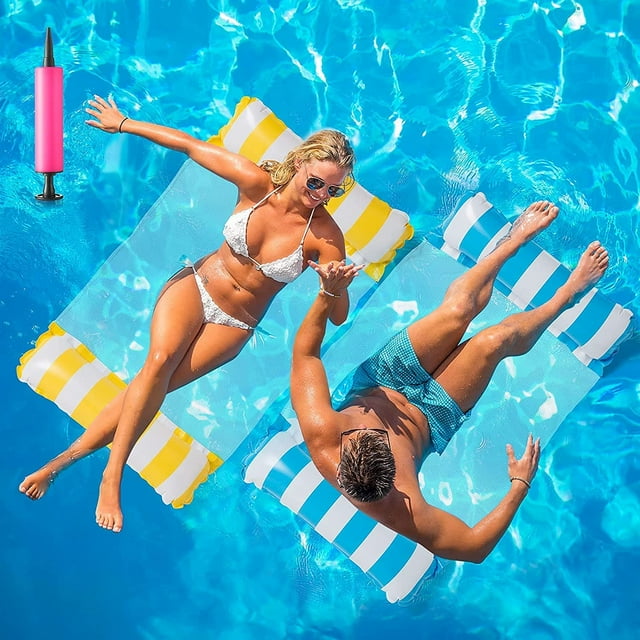 2 Pack Pool Float Pool Hammock, Multipurpose Inflatable Water Hammock Swimming Pool Floaties, Pool Raft Hammock Lounger Chair with Air Pump, Pool Floats Adult for Beach, Lake (Yellow, Blue)