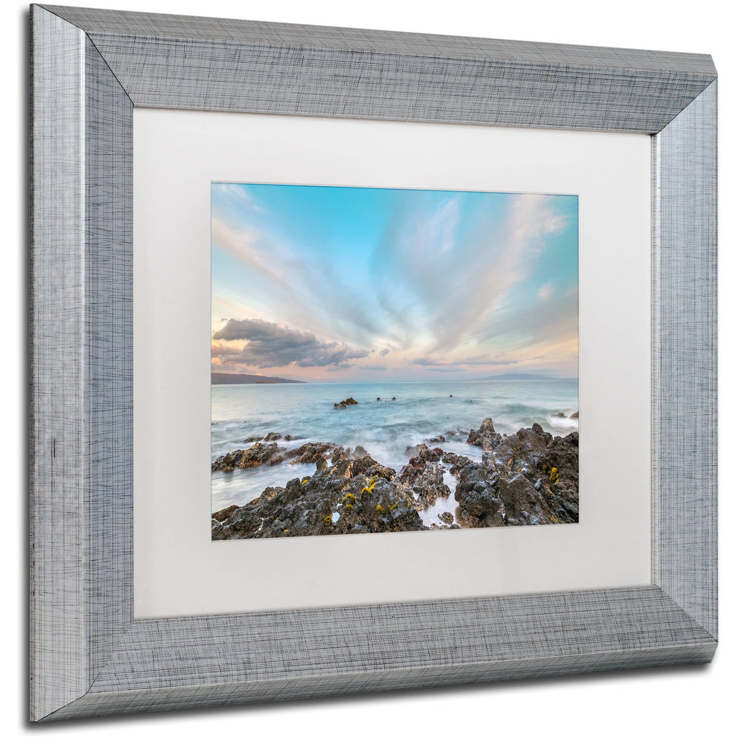 Trademark Fine Art 'South Maui Sunrise' Canvas Art by Pierre Leclerc, White Matte, Silver Frame
