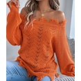 thumbnail image 4 of Women'S Solid Color Openwork Long-Sleeved Sweater, Off-Shoulder Knit Pullover Orange M, 4 of 9