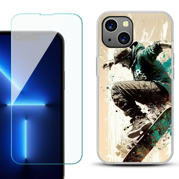 OneToughShield ® for iPhone 15 Fashion Phone Case, with Tempered Glass Screen Protector - Skateboarding