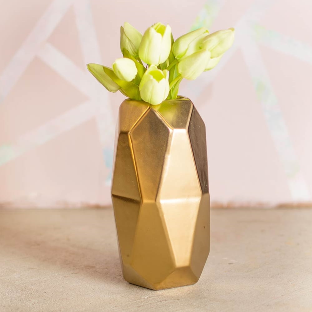 Vases Faceted Ceramic Vase Geometric Floral Holder 8.25 in Gold