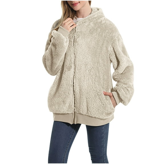Kaemgyyd Women's Sherpa Jackets Casual Loose Long Sleeve Full Zip up Winter Coat Soft Warm Fleece Jacket with Hood