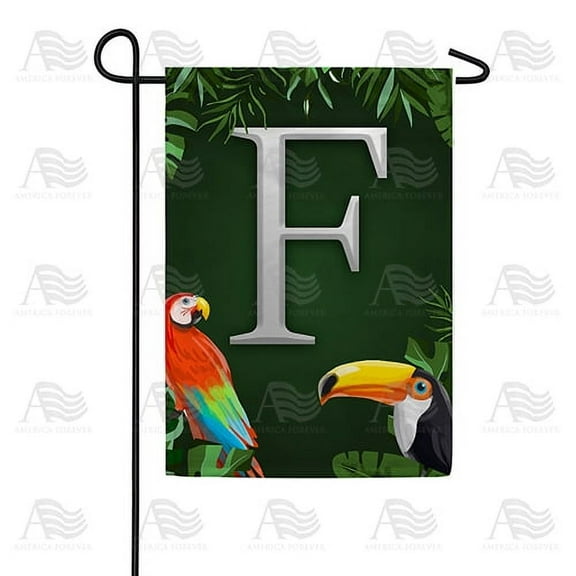 America Forever Tropical Bird Summer Monogram Garden Flag Letter F 12.5 x 18 inches Parrot Toucan Palm Leaves Double Sided Vertical Outdoor Yard Lawn Decorative Coastal Garden Flag