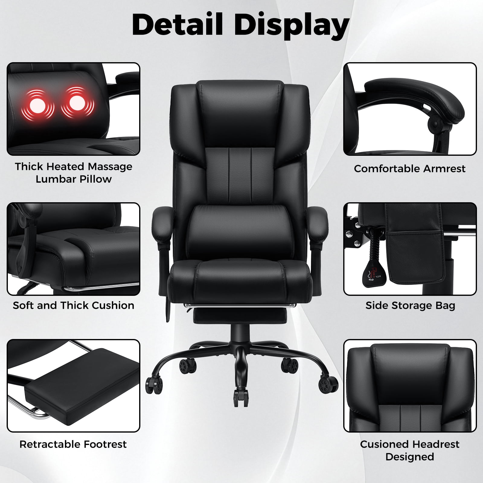 Hoffree Massage Office Chair with Heat Home Office Desk Chair with Retractable Footrest High Back Executive Leather Chair Reclining Office Chair with Lumbar Back Support for Office
