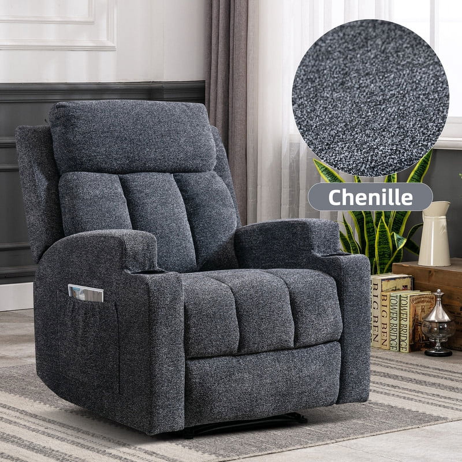 Ebello Manual Heated Massage Recliner, Soft Fabric Modern Overstuffed Recliner with Cup Holders for Living Room & Home Theater, Navy