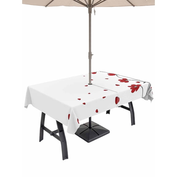 Outdoor Tablecloth with Umbrella Hole for Patio/Picnic/Party/Camping, Red Poppy Flowers Waterproof Table Cloth Rectangle Table Cover Washable, Spring Modern Abstract Floral Rustic (52"x 70")