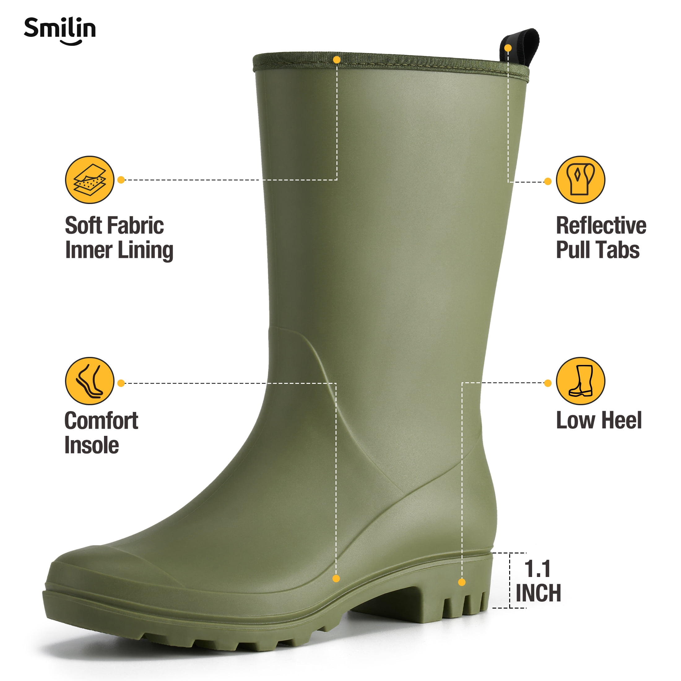 SMILIN Rubber Wide Calf Rain Boots for Women, Olive Green, Size 9