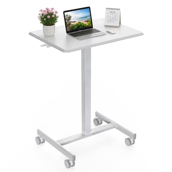 EDX Standing Desk with Mobile Rolling Wheels Portable Desk & Overbed Laptop, Height Adjustable Small desk for Home Office,White