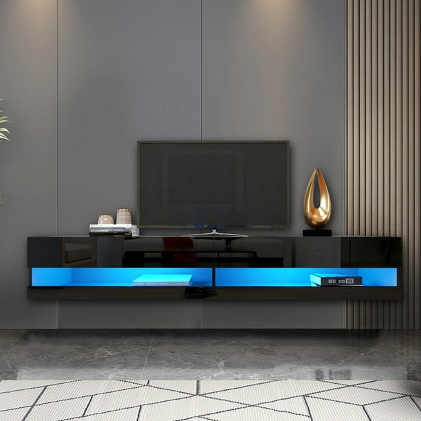 Black TV Stand with LED Lights, Floating Entertainment Center