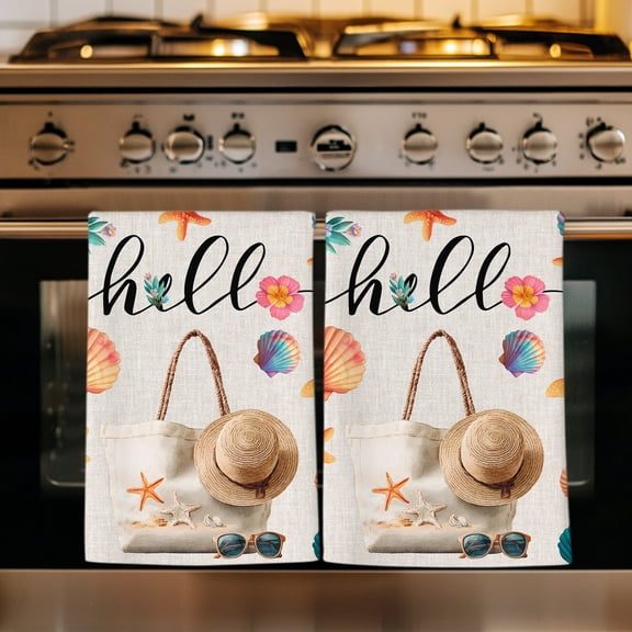 Summer Coastal Kitchen Towels Set of 4, Ocean Starfish Shells Bags Hat Floral Beige Absorbent Dish Towels for Kitchen, Microfiber Hand Towel, Quick Drying Tea Towel for Cleaning Decorative Dishcloths