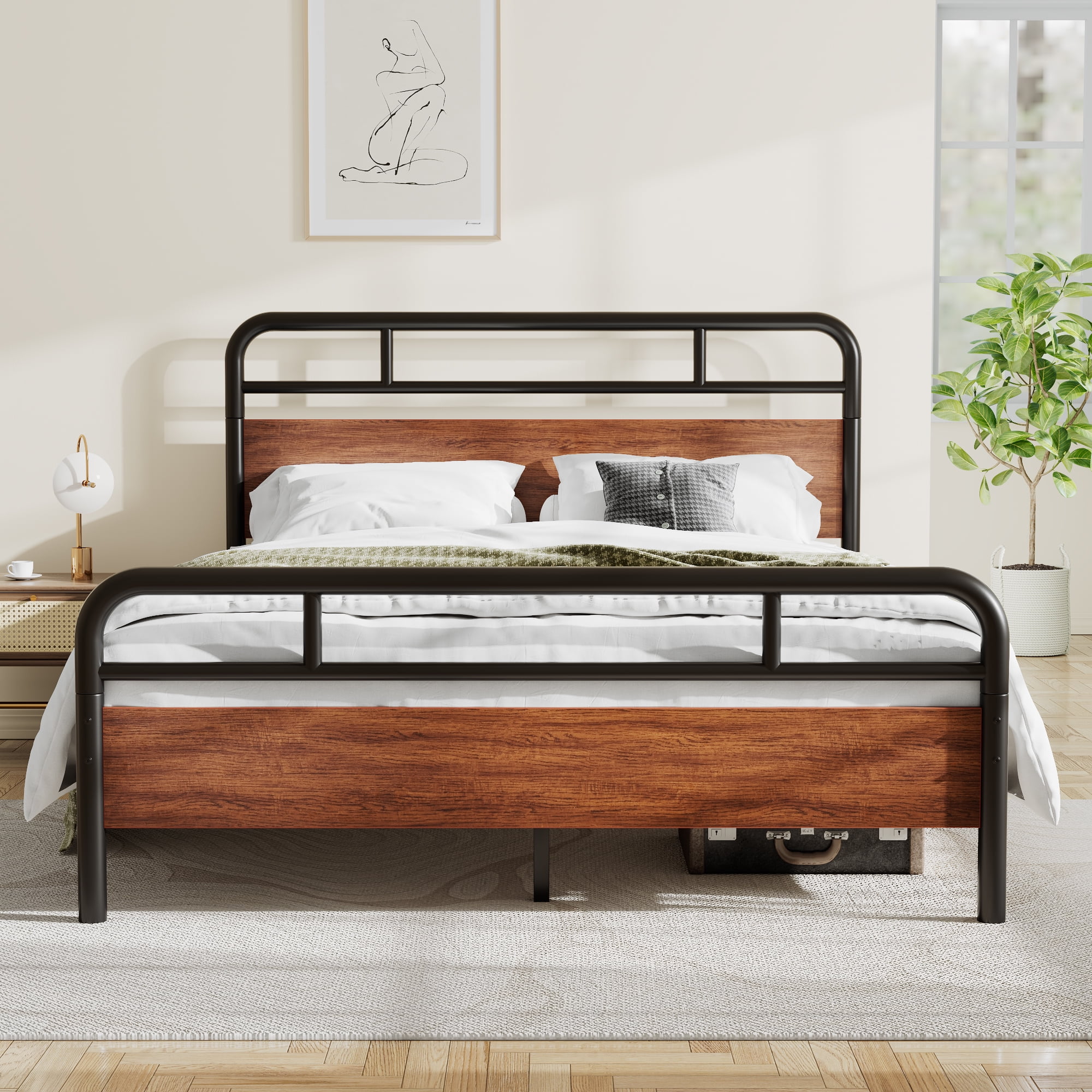Sha Cerlin Light Brown Full Size Metal Platform Bed Frame with Industrial Heavy Duty Wooden Headboard
