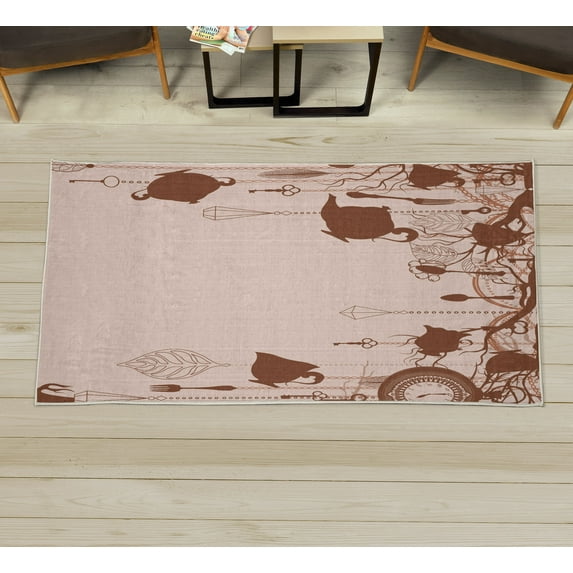 Antique Decorative Rug, Vintage Tea Party Diamond Forks Spoons Cups Leaves Tree Branch Art, Quality Carpet for Bedroom Dorm and Living Room, 6 Sizes, Warm Taupe, by Ambesonne